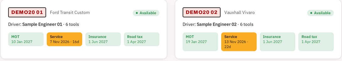 Fleet Titan vehicles list with MOT, service, insurance and road tax dates